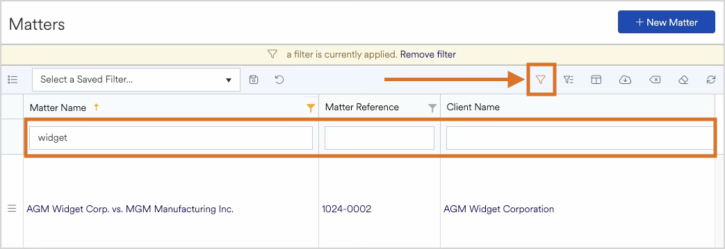 Interface showing filter options and matter details for legal cases management.